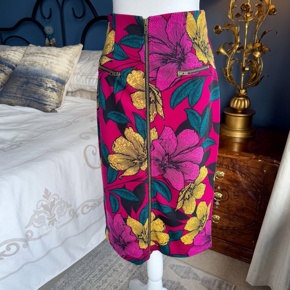 Vivid Fuschia With Yellow and Teal Tropical Floral Print Pencil Skirt